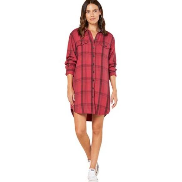 OUTERKNOWN Blanket Shirt Dress Dusty Red Cusco Plaid Sz S {3A47}